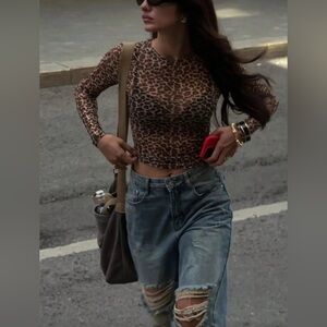 SHEIN Leopard Print Mesh Fitted Long Sleeve Top